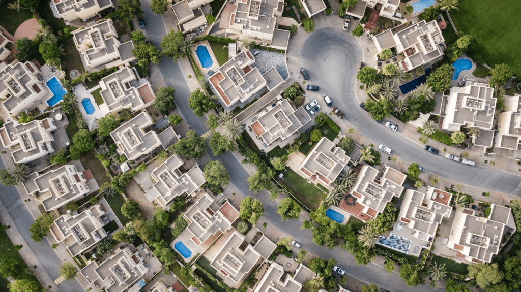 Aerial view of buildings with same shape