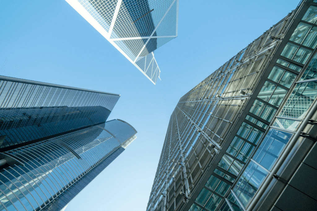 A view of the commercial properties and the sky