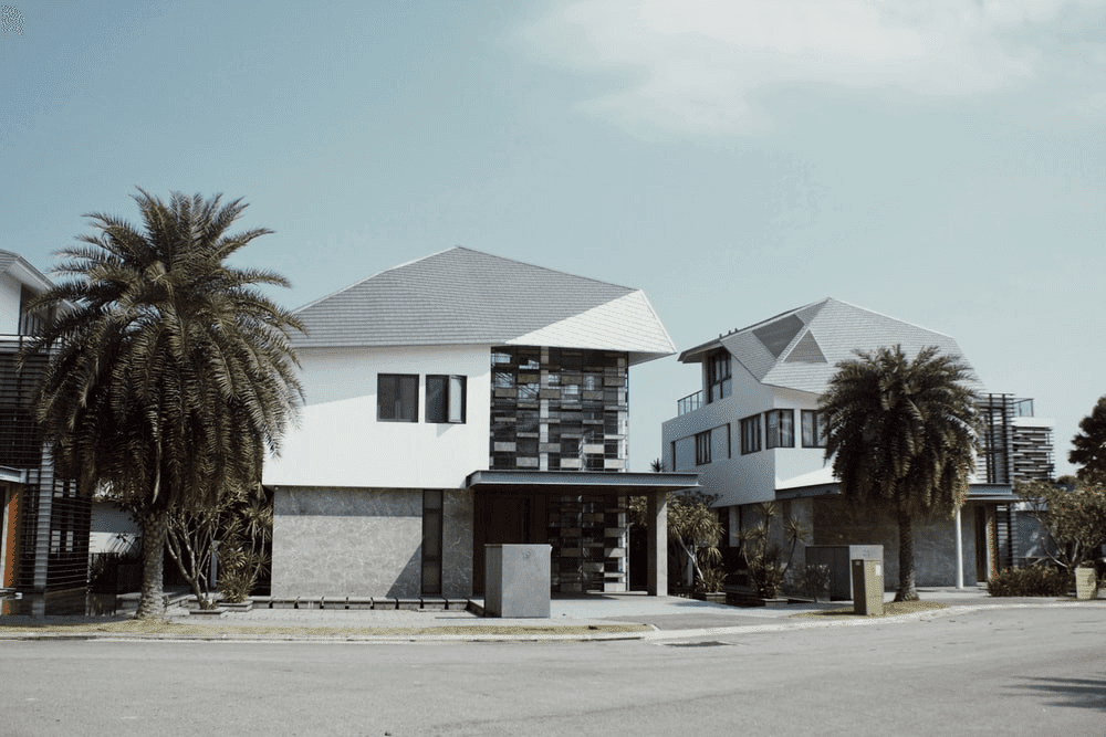 Two modern houses on a street with palm trees.