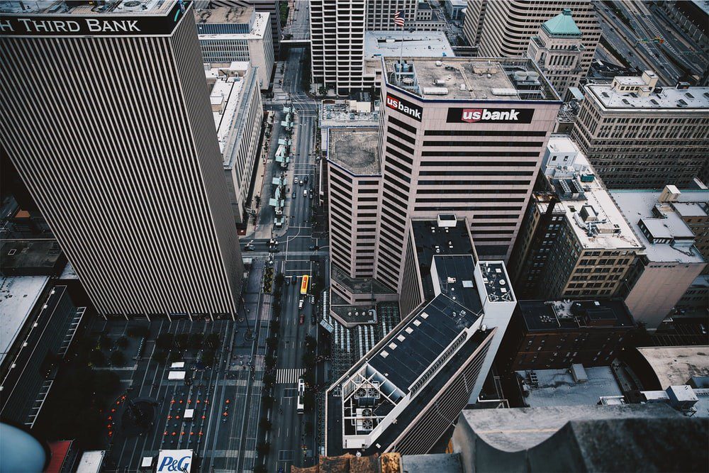 aerial view of bank buildings in a financial district