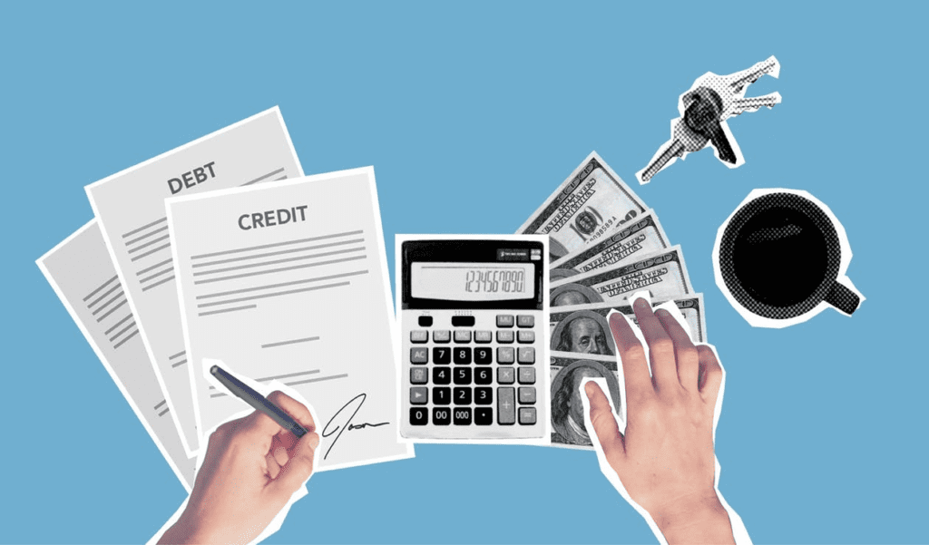 A Pair of Hands Signing a Document Labeled ‘Credit’ Lying on Top of a Document Labeled ‘Debt’, Lying Beside a Calculator, Dollar Bills, and A Set of Keys