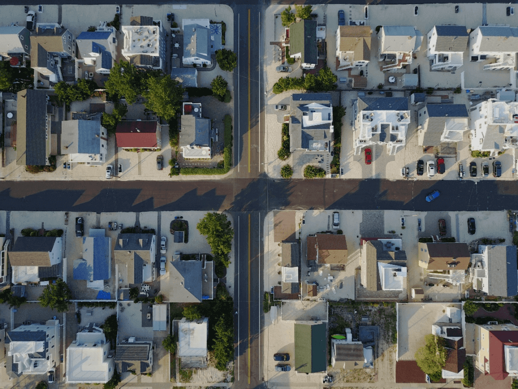 An overhead shot of the properties and the roads