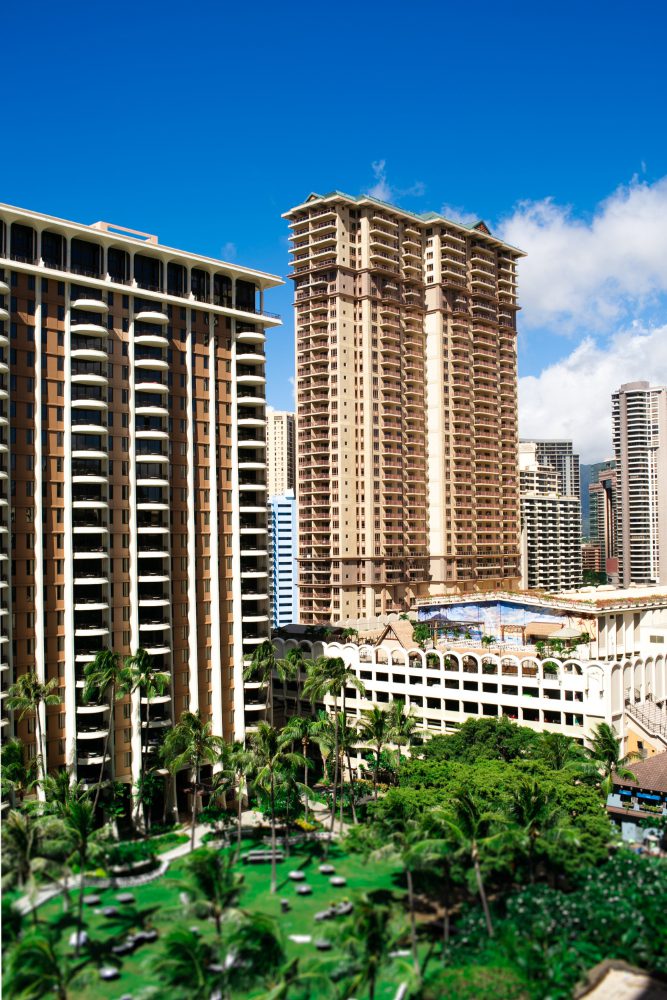 High-rise buildings towering above a lush tropical park in an urban setting under a clear blue sky.