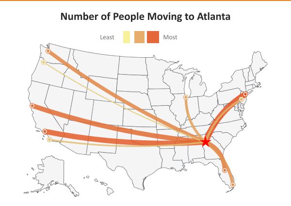 Map illustrating migration patterns to atlanta with varying intensities indicated by color gradients.