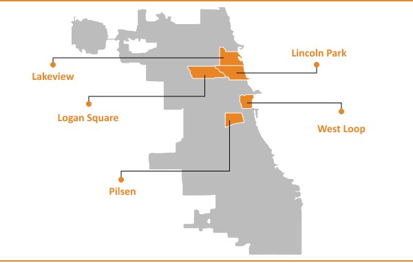 Map highlighting specific neighborhoods in a city.