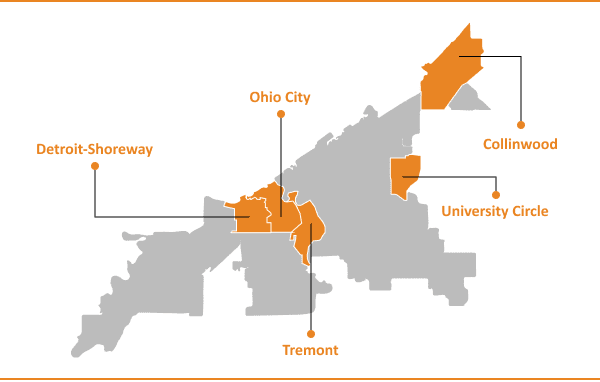 Map highlighting specific neighborhoods within a larger city area.