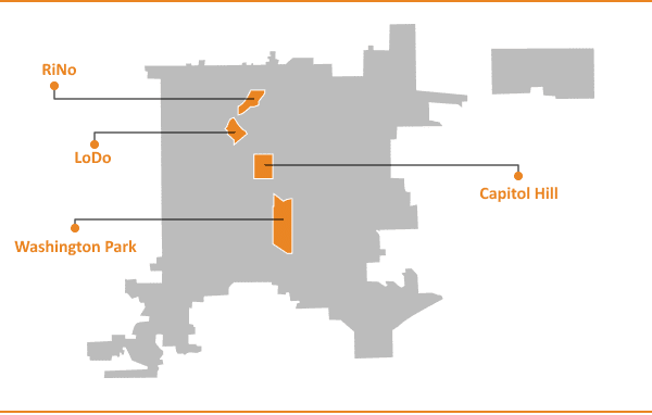 Map highlighting specific districts and landmarks in an urban area.