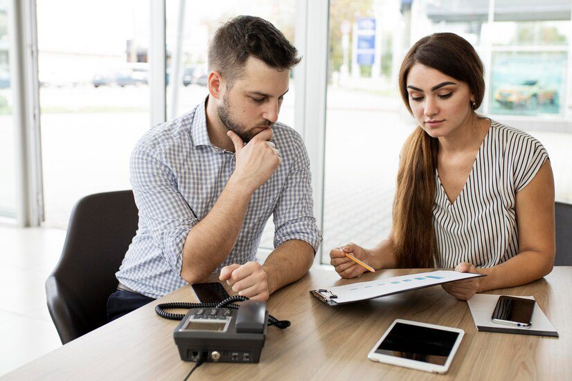 Two professionals reviewing a document in an office setting.