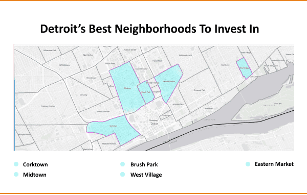 Map highlighting detroit's top neighborhoods for investment.