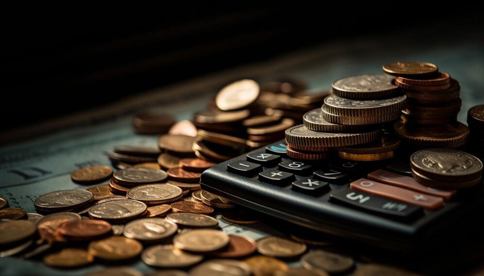 A calculator alongside various coins stacked on top of currency bills.