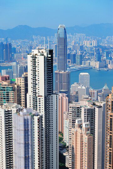 Aerial view of a dense urban skyline with skyscrapers and clear blue sky.