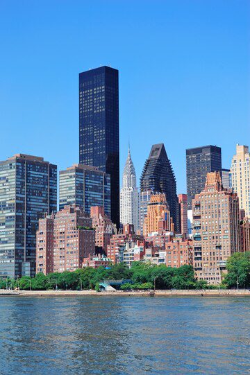 Midtown manhattan skyline viewed from across the water on a clear day.