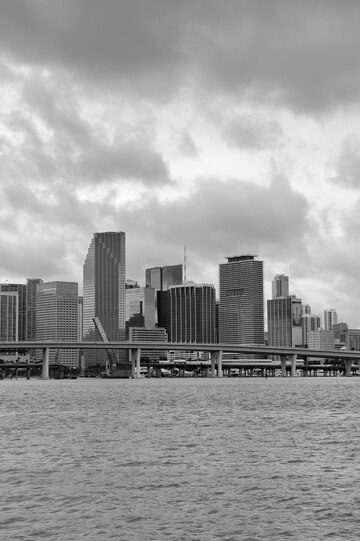 Monochromatic city skyline viewed from across the water with overcast skies.