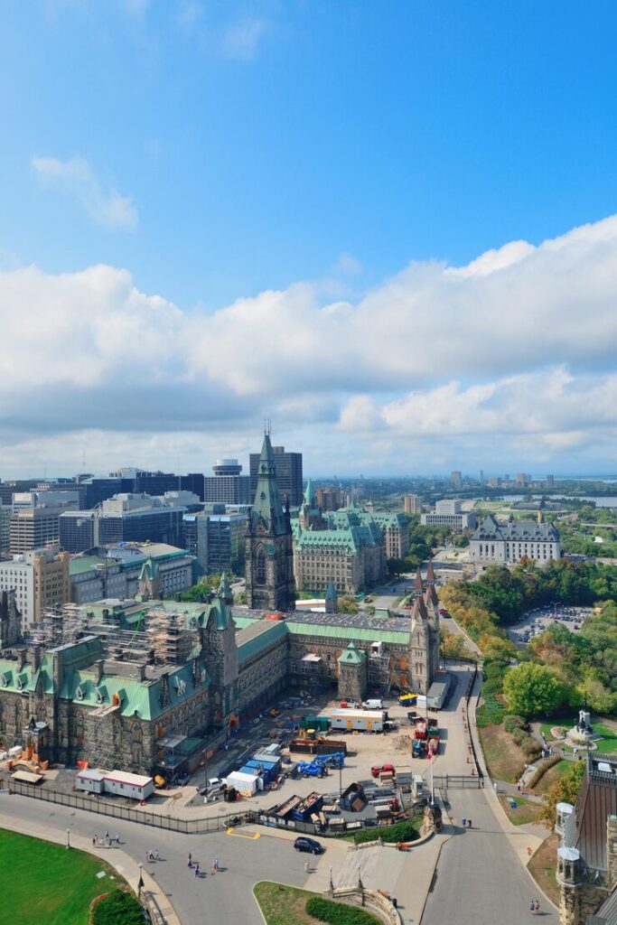 Aerial view of a cityscape with historical buildings, roads, and vehicles under a partly cloudy sky.