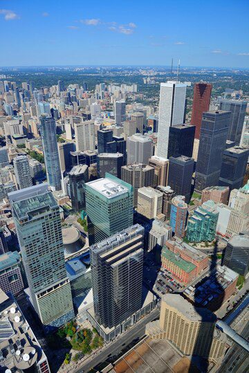 Aerial view of a dense metropolitan skyline on a clear day.