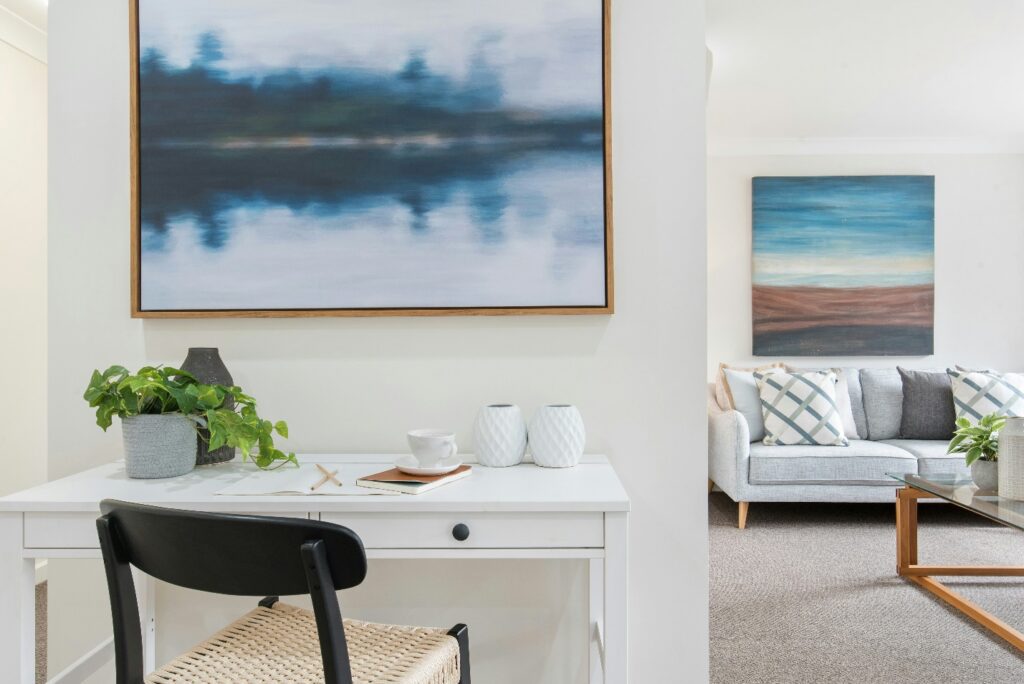 A white-themed living room