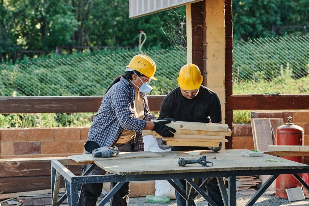 Construction team working together