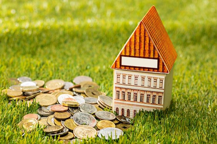 Plant growing from coins in a glass jar on green grass,