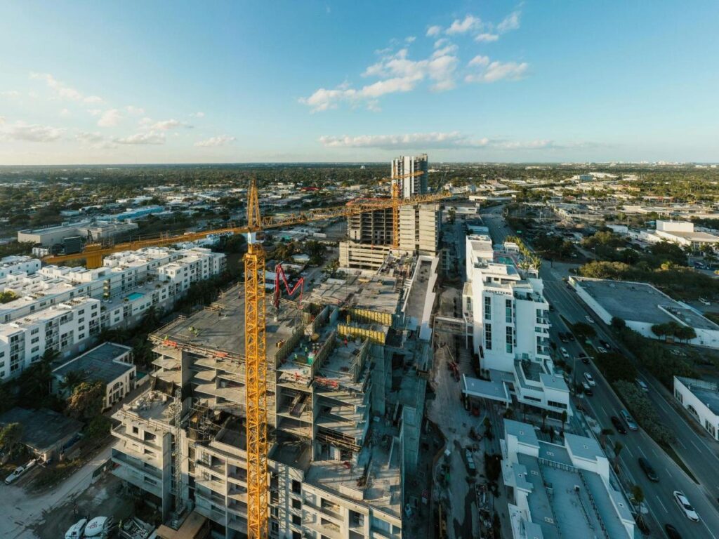 An overhead shot of an unfinished building 