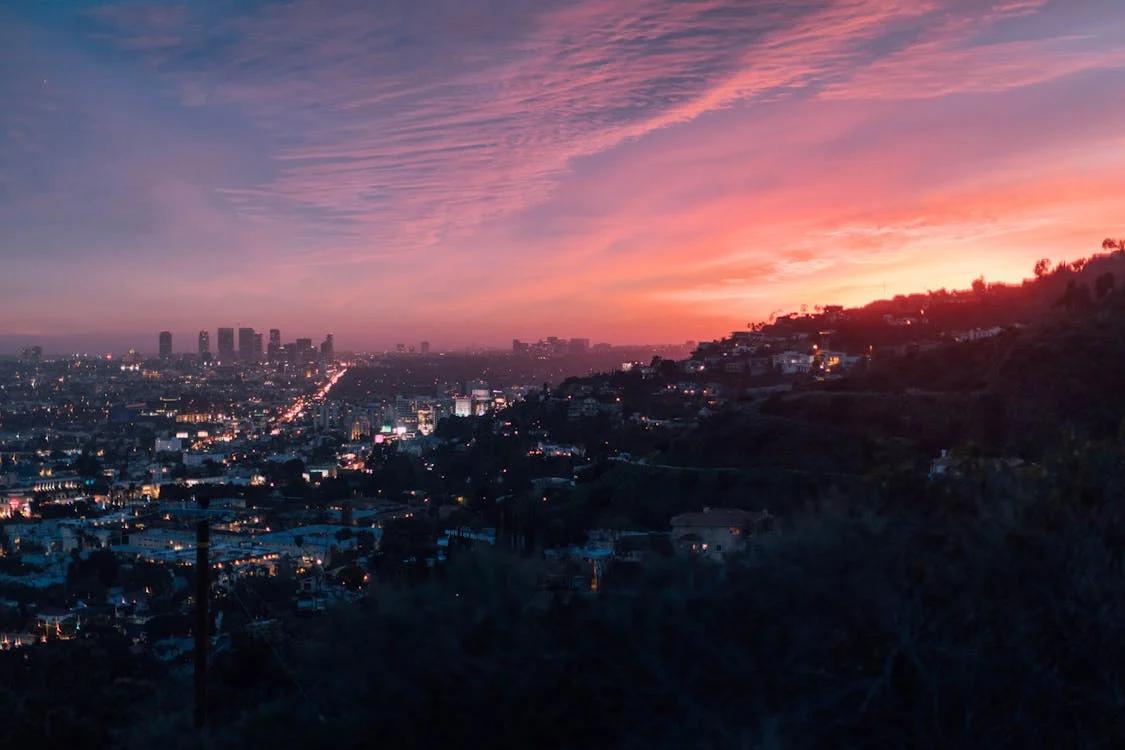 Aerial shot of Los Angeles during sunset 