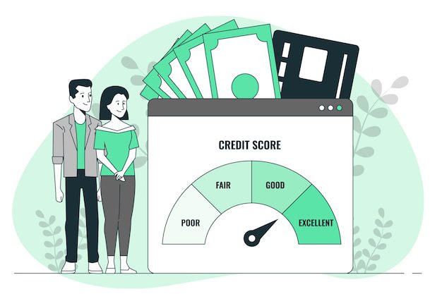 An illustration showing a man and a woman standing beside a credit score pointer, pointing right in the middle of good and excellent