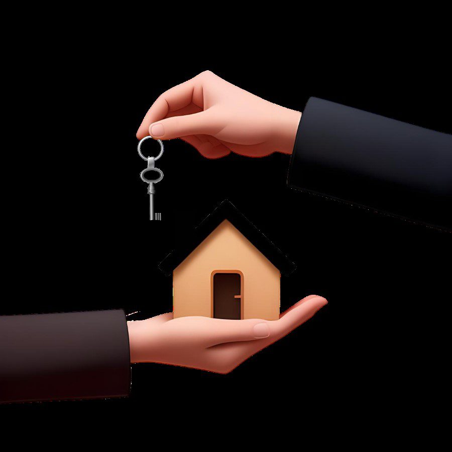 an animated image of individuals holding keys and a house figurine