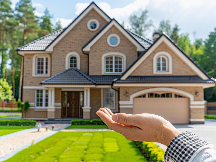 hand-gesturing-towards-modern-brick-home-sunny-day