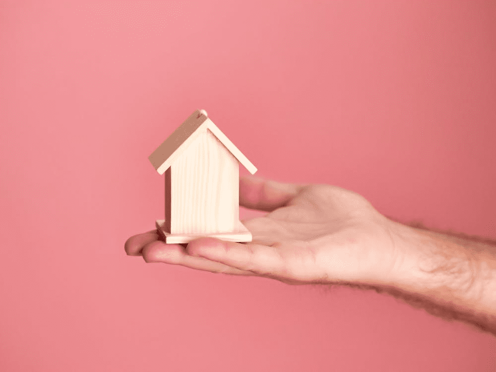 A small wooden house on hand.