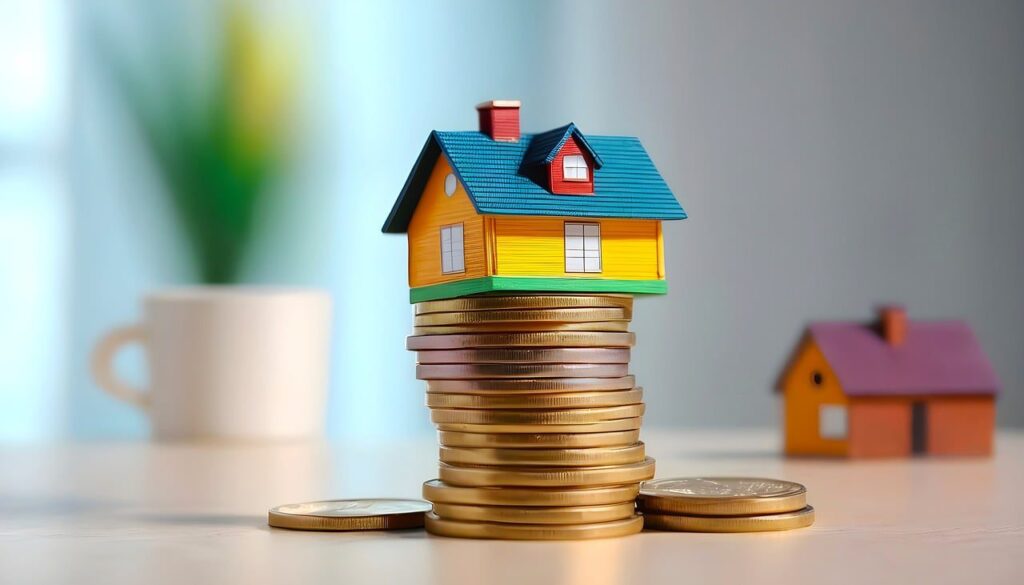 A miniature house placed on top of a stack of coins