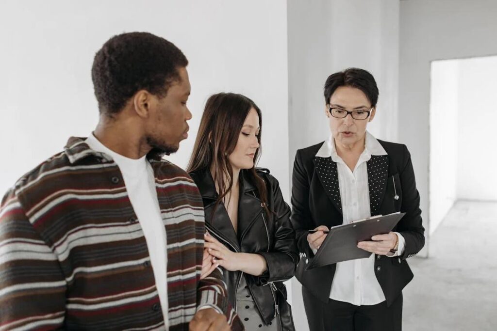 a couple looking at a document