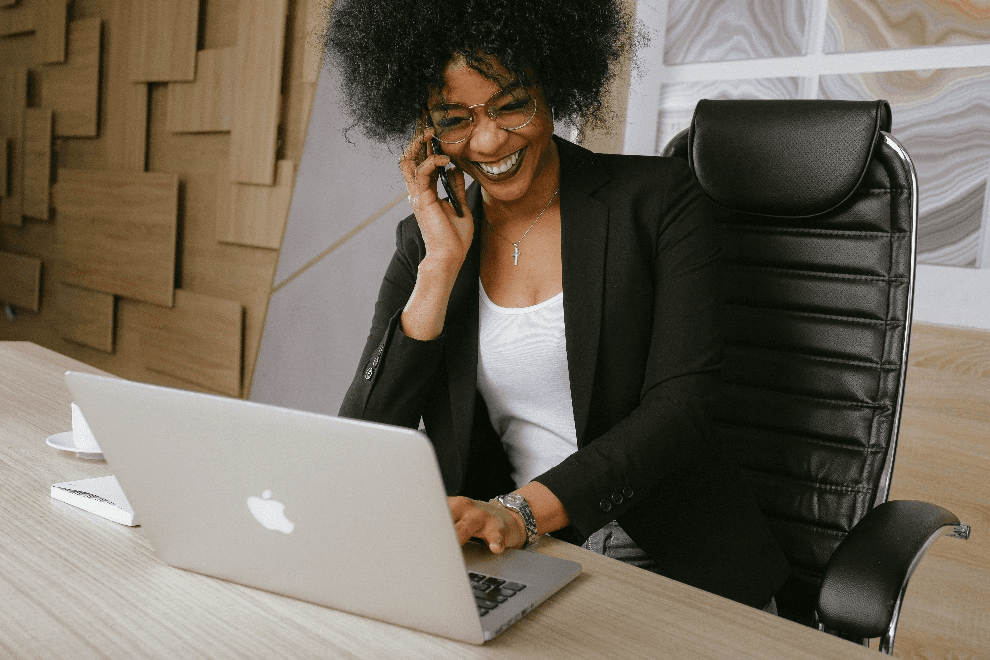 A small business owner chatting on a call