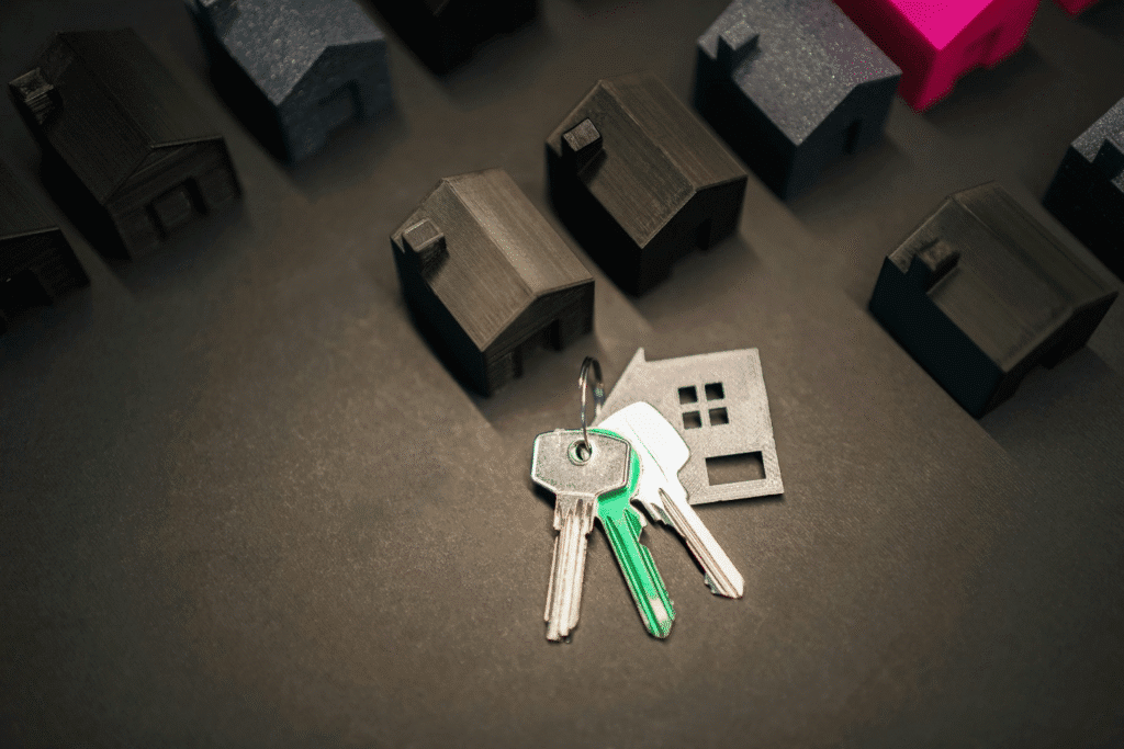 A picture of house models and keys