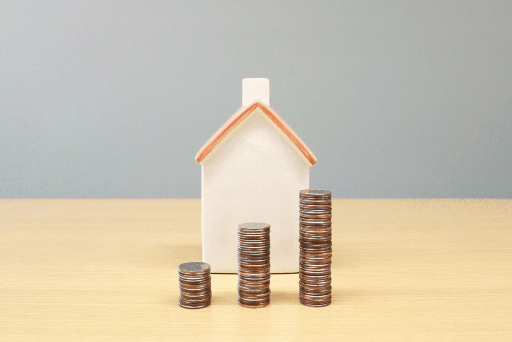 A small house model next to a stack of coins.