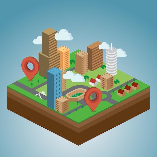 An illustration of a land with different buildings and two red location pins
