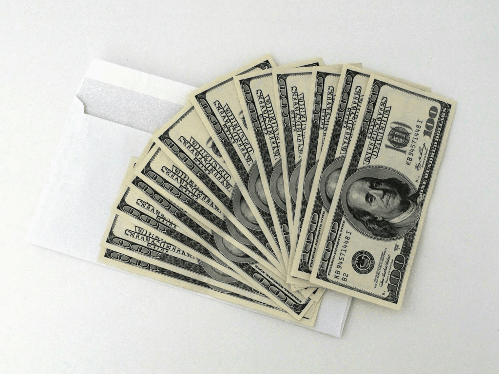 Hundred-dollar bills placed outside an envelope