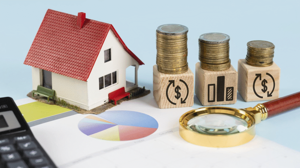 A small model house placed beside coins and wooden blocks displaying a dollar sign.