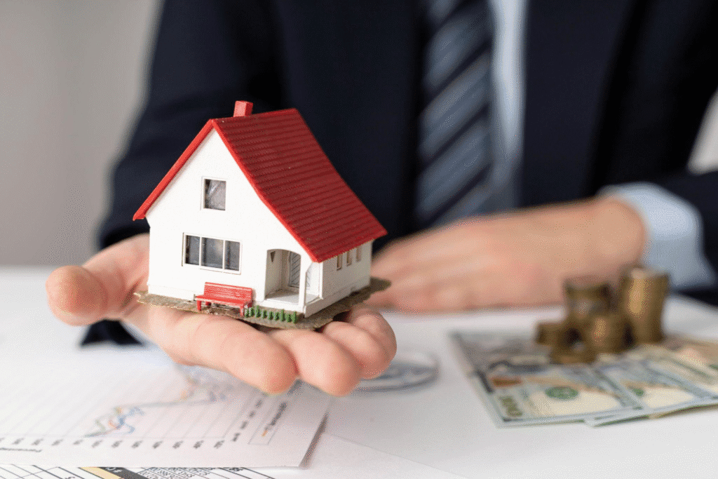 A person holding a miniature house with money in the background.