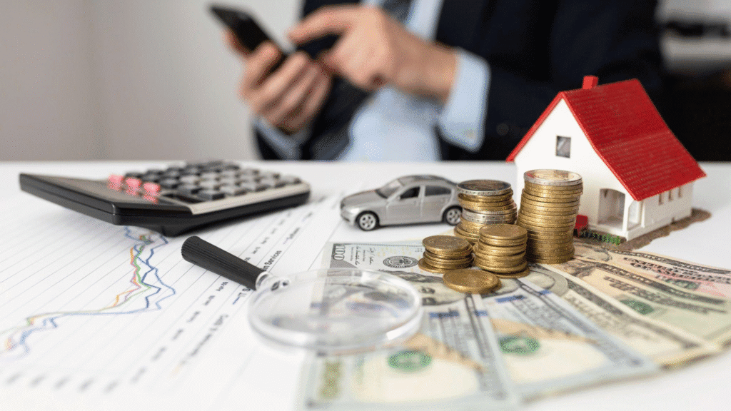 A person calculating finances with coins and a miniature house on a desk.