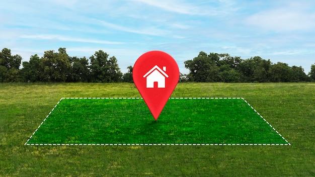 A landscape highlighted with a red location pin with a home symbol on it