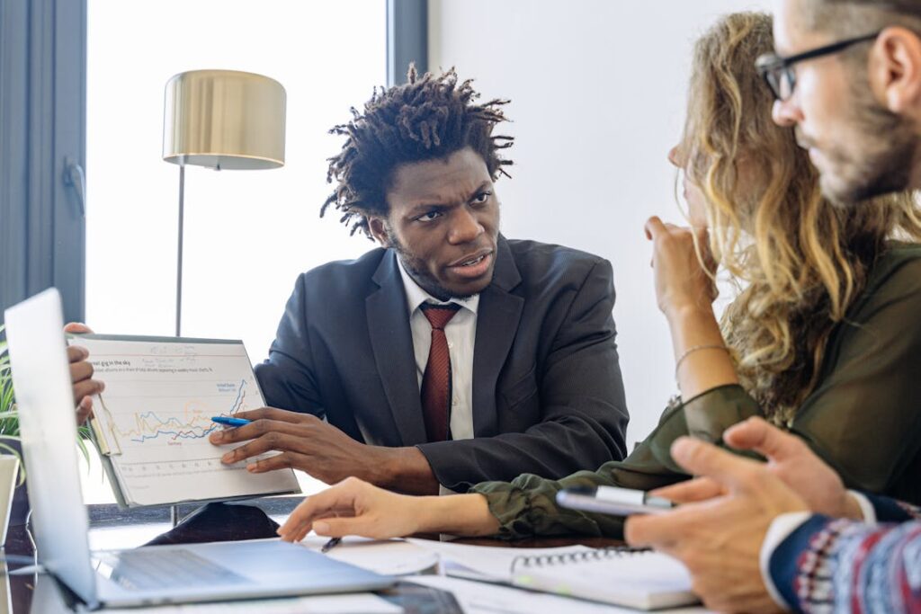 loan agent working and discussing with clients