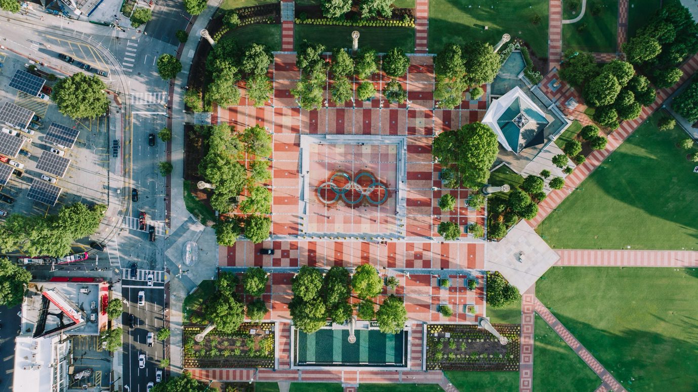 Aerial view of Atlanta skyline with residential neighborhoods