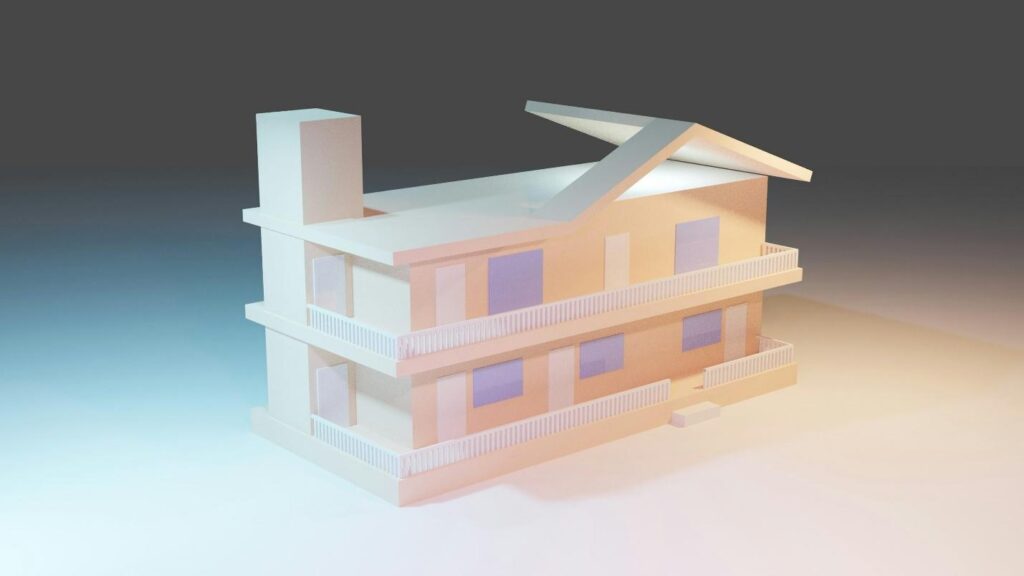 A 3D illustration of a two story house under peach lighting.