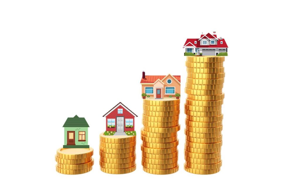 a house upgrade can be seen from small to big, long, with a coin stack increase