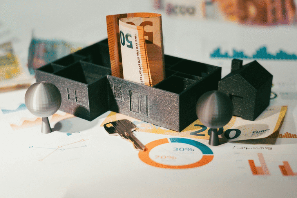 miniature house with keys and money on a chart