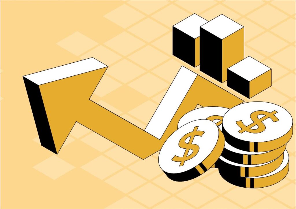 An illustration of three cubical pillars of varying heights, a stack of coins with dollar signs, an arrow indicating increase.