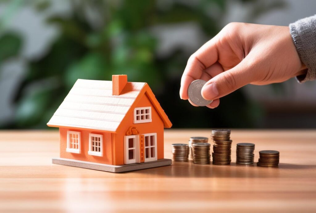 An orange and white model house can be seen with coins beside it, with a hand