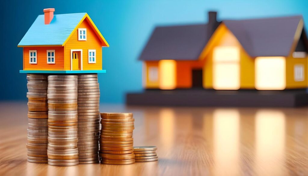 An orange and blue model house is seen on top of a coin stack with a big house in the background