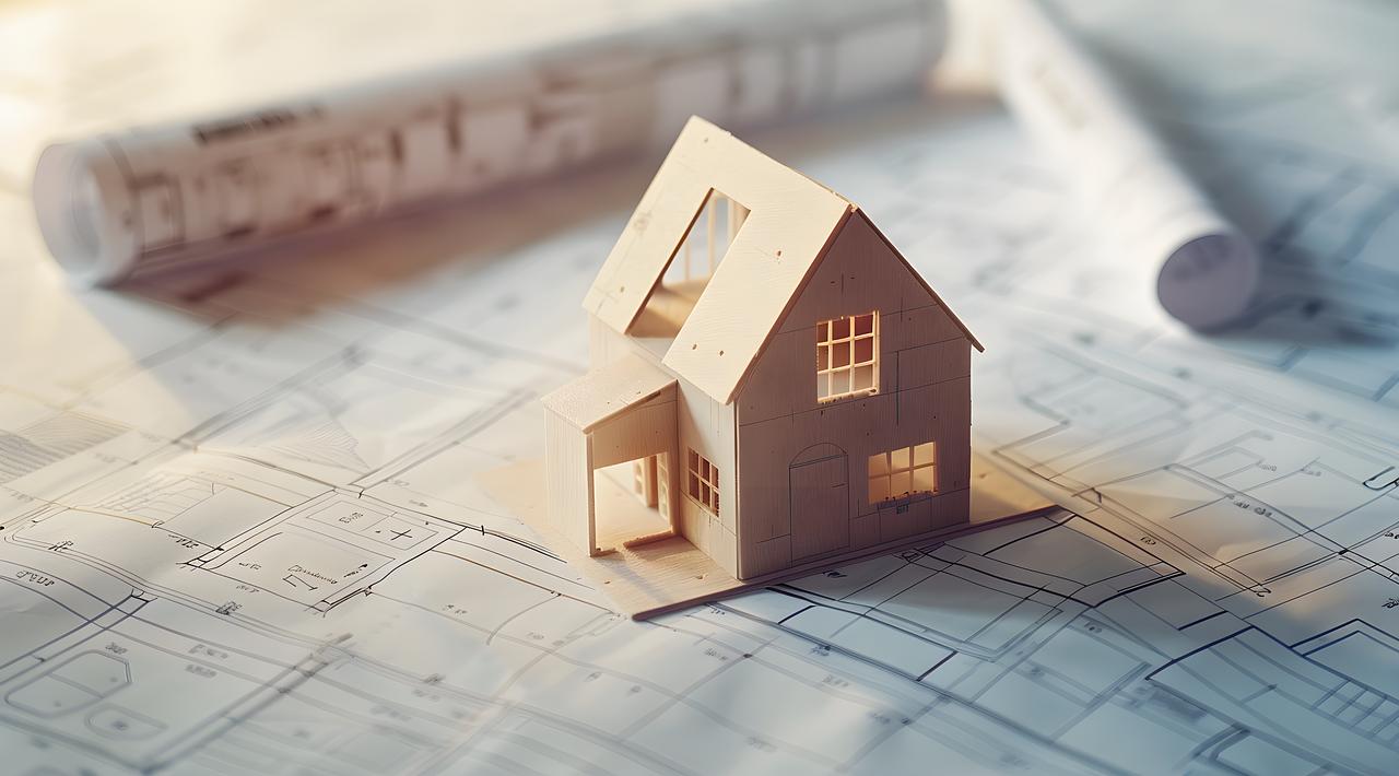 A wooden model house is placed on top of a house blueprint