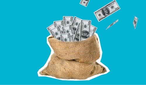 A burlap sack overflowing with hundred-dollar bills sits on a blue background