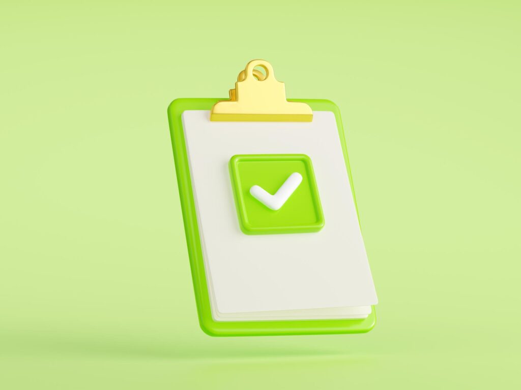 3D rendered clipboard with a green checkmark on a lime background